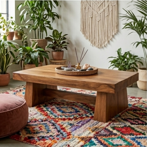 Solid Wood Coffee Table – Handmade Rustic Low Center Table, Modern Minimalist Living Room Furniture