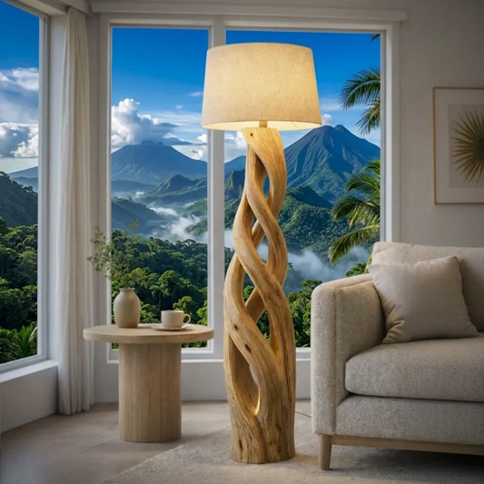 Twisted Wood Floor Lamp – Sculptural Natural Standing Light, Handcrafted Rustic Organic Home Décor