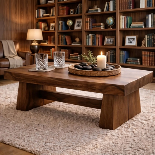 Solid Wood Coffee Table – Handmade Rustic Low Center Table, Modern Minimalist Living Room Furniture