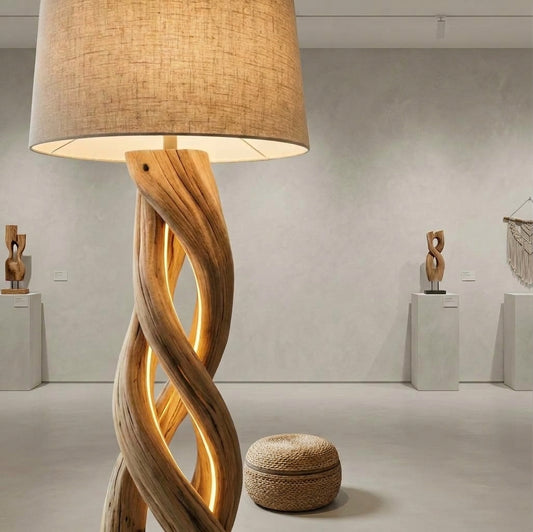Sculptural Twisted Wood Floor Lamp – Rustic Natural Standing Light for Modern Home Décor