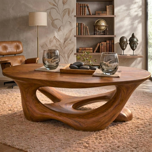 Handcrafted Solid Wood Coffee Table – Organic Root Design, Rustic Natural Wood Furniture