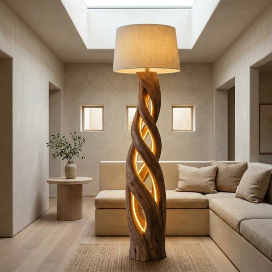 Sculptural Twisted Wood Floor Lamp – Rustic Natural Standing Light for Modern Home Décor