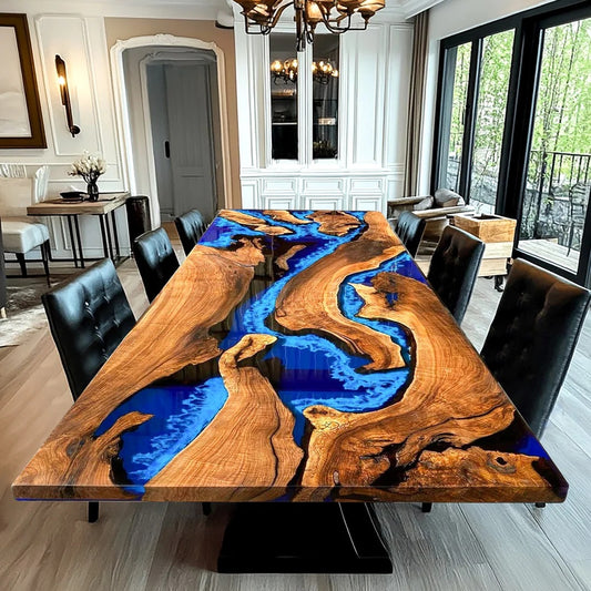 Custom Black Walnut Blue Epoxy River Dining Table Top CRT-142