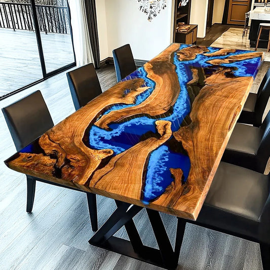 Custom Black Walnut Blue Epoxy River Dining Table Top CRT-142